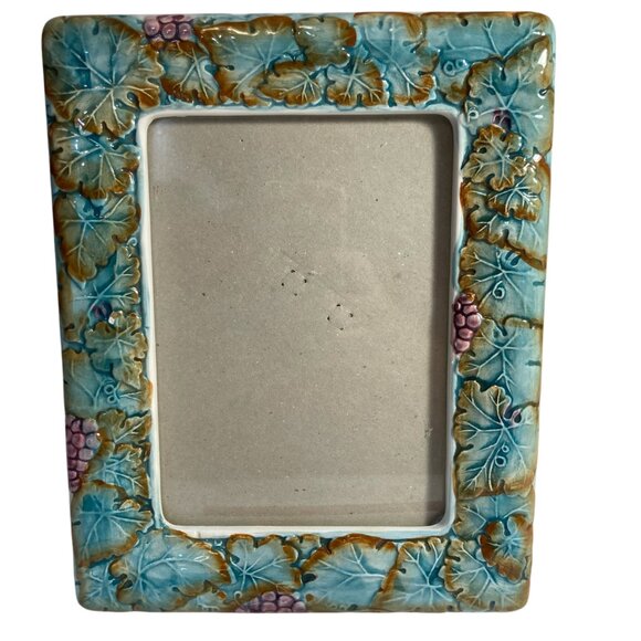 Vintage Ceramic Grape Vine Cluster Leaves Picture Photo Frame Terragrafics 5"X7" - Picture 1 of 16